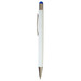 A white stylus pen with a blue tip and silver accents, featuring a clip and branding.