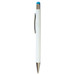 A white stylus pen with a blue tip and metallic accents, featuring a clip and a logo.