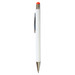 A white pen with a silver clip and an orange stylus tip, featuring a small logo.