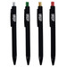 A collection of four black plastic pens with silver, green, gold, and red tips, featuring a logo.