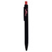 A black plastic pen with a red top and a logo on the side.