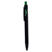 A black plastic pen with a green accent and a clip, featuring a branding logo.