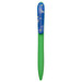 A plastic pen with a green barrel and a blue cap featuring a colourful star design. It has a branded logo.