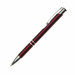 A metal pen in a burgundy colour with silver accents and a clip, featuring a logo on the barrel.