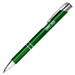 A green metal pen with a chrome clip and accents, featuring a logo on the body.