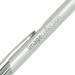 A silver metal pen with a sleek design and a clip, featuring a logo.