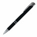 A metal pen in black with silver accents, featuring a clip and branding.