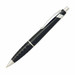 A metal pen in black with a textured grip and shiny silver accents, featuring a clip and a logo.