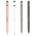 A set of four sleek metal pens in rose gold, white, grey, and dark grey, with branding on each. A set of four sleek metal pens in rose gold, white, grey, and dark grey, with branding on each.