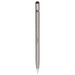 A sleek silver metal pen with a stylus tip, featuring a logo and a smooth finish.