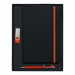 A box set featuring a black notebook with an orange elastic band, an orange pen, and a small USB drive.