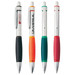 A set of four metal pens in black, orange, green, and red, each featuring a different design and a branding logo.