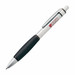A silver metal pen with a black grip and a branded logo on the barrel.
