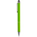 A bright green stylus pen with a silver clip and grip details, featuring a black stylus tip.