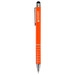 An orange stylus pen with a silver clip and grip, featuring a logo on the body.