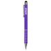 A purple stylus pen with a silver clip and accents, featuring a logo on the barrel.
