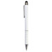 A white stylus pen with a chrome clip and grip detailing, featuring a logo on the body.