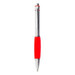 A metal pen with a shiny silver finish and a bright red rubber grip. Features a logo on the body.