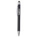 A sleek black metal pen with a shiny silver tip and clip, featuring a logo on the barrel.