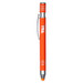 An orange metal pen with a silver clip, featuring branding and a sleek design.