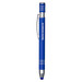 A blue metal pen featuring a silver clip and accents, with a branding logo on the side.