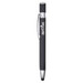 A black metal pen featuring a sleek design and a clip, with a logo on the body.