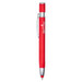 A red metal pen with a silver clip and a branding logo.