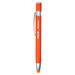 An orange metal pen with a silver clip and a rubber grip. The pen features a logo on its body.