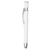 A metal pen in white with silver accents, featuring a clip and a sleek design. It has a branding logo.