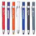 A collection of metal pens in various colours, including red, purple, orange, white, and grey, featuring branding.