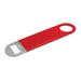 A drink bottle opener in red with a stainless steel end and a circular handle. It features a logo.