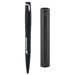 A black metal pen with a sleek design, featuring a pen holder. The pen has a logo on its side. A black metal pen with a sleek design, featuring a pen holder. The pen has a logo on its side.