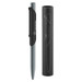 A metal pen in a sleek grey colour, displayed with a matching cylindrical casing. The pen features a clip and branding.