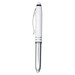 A white stylus pen with a silver tip and clip, featuring a logo on the barrel.