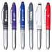A collection of stylus pens in black, purple, grey, white, and red with metallic accents and branding.