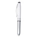 A stylus pen in white with silver accents, featuring a clip and a rounded tip. It has a logo on the body.