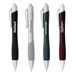A range of Metallic Mykonos Pens in black, silver, green, and burgundy, each featuring a logo. A range of Metallic Mykonos Pens in black, silver, green, and burgundy, each featuring a logo.