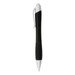 A black and silver metallic pen with a textured grip and a clip. It features a logo on the body. A black and silver metallic pen with a textured grip and a clip. It features a logo on the body.