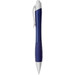 A navy metallic pen with a white clip and rubber grip, featuring a logo on the barrel. A navy metallic pen with a white clip and rubber grip, featuring a logo on the barrel.