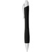 A metallic pen in black with a white tip and clip, featuring a textured grip and a logo. A metallic pen in black with a white tip and clip, featuring a textured grip and a logo.