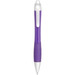 A metallic purple pen with a white clip and grip, featuring a sleek design and a logo. A metallic purple pen with a white clip and grip, featuring a sleek design and a logo.
