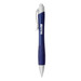 A metallic pen in blue and silver with a grip section and branding on the barrel. A metallic pen in blue and silver with a grip section and branding on the barrel.
