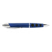 A blue plastic pen with a sleek design and three black buttons, featuring a silver clip and tip.