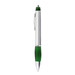 A metal pen featuring a silver barrel and green grip, with a clip and branding on the side.