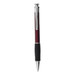 A burgundy plastic pen with a silver clip and a black rubber grip, featuring a logo on its body.