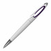 A plastic pen in white with a purple accent and chrome tip, featuring a logo.