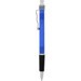 A blue plastic pen with a silver clip and black grip, featuring a logo.