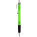 A bright green pen with a silver clip and black grip, featuring a sleek design and a branding logo.