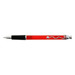 A red plastic pen with a chrome tip and a black grip, featuring a decorative spiral design and a branding logo.