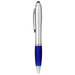 A silver stylus pen with a blue grip and a silver clip, featuring a logo on the barrel. A silver stylus pen with a blue grip and a silver clip, featuring a logo on the barrel.
